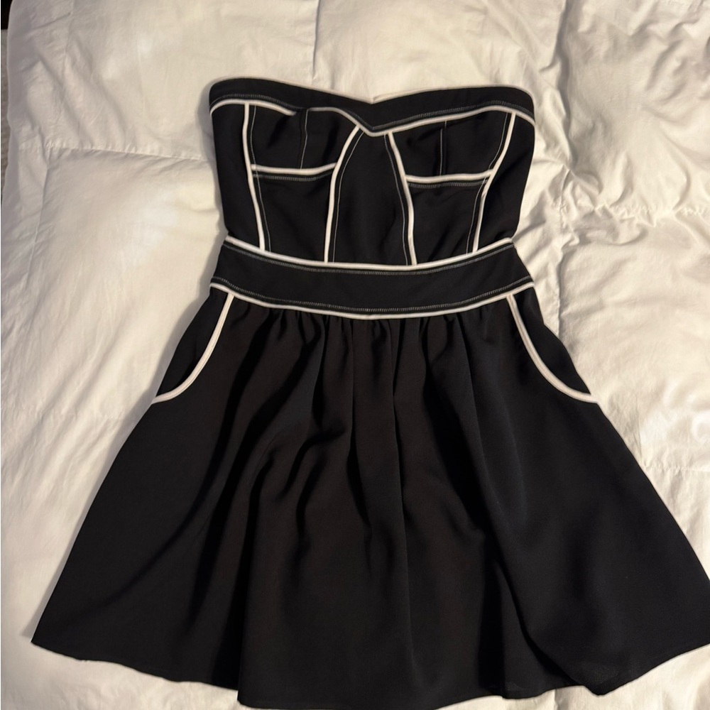Chic Strapless Black Dress with White Accents